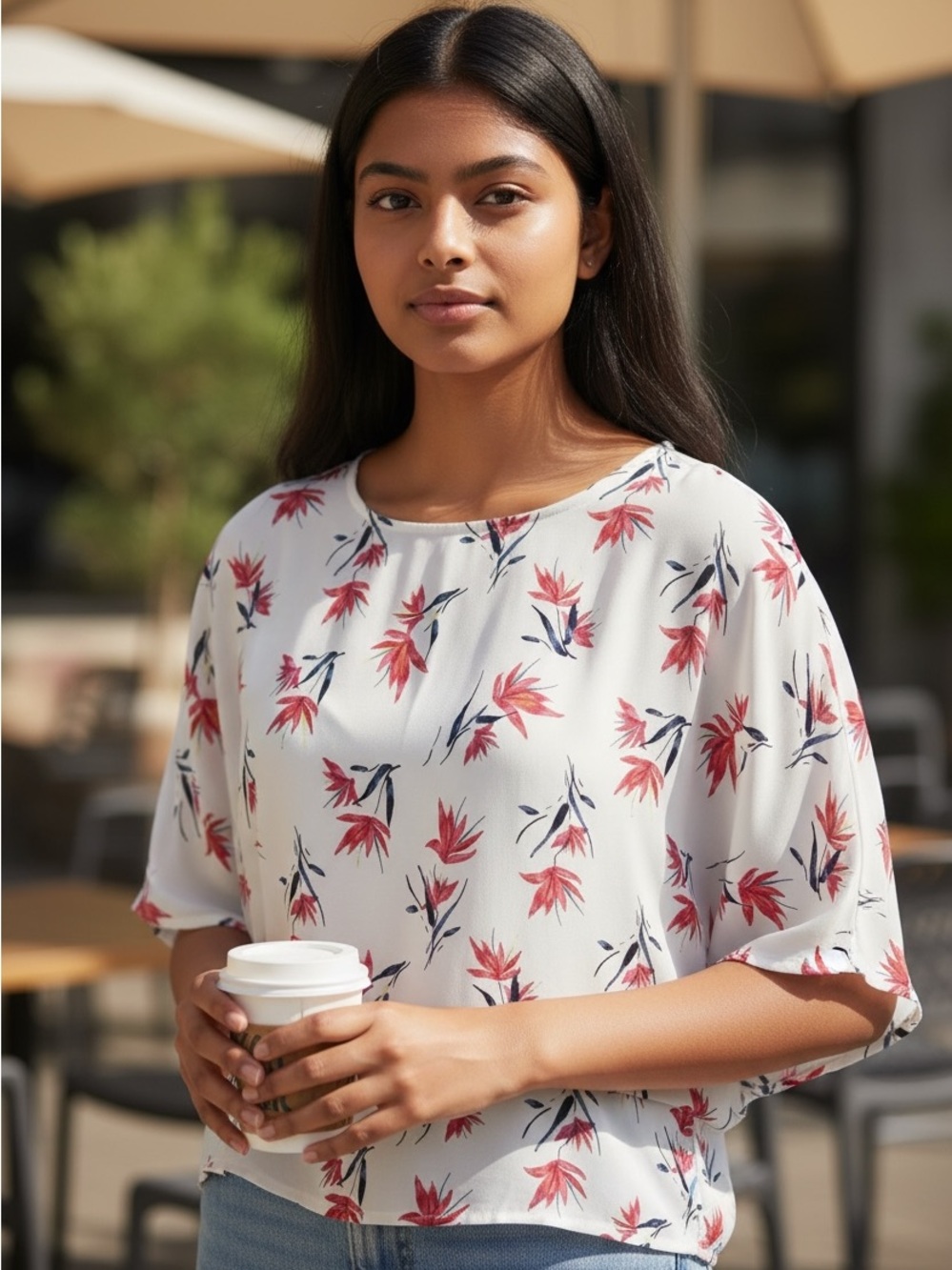White Floral Dolman Sleeve Women's Top with Pink Print size 1x